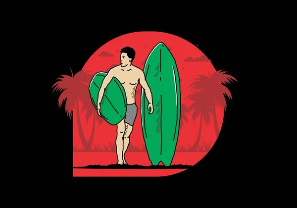 Hombre Sin Camisa Que Sostiene Diseño Ilustración Tabla Surf — Vector de stock