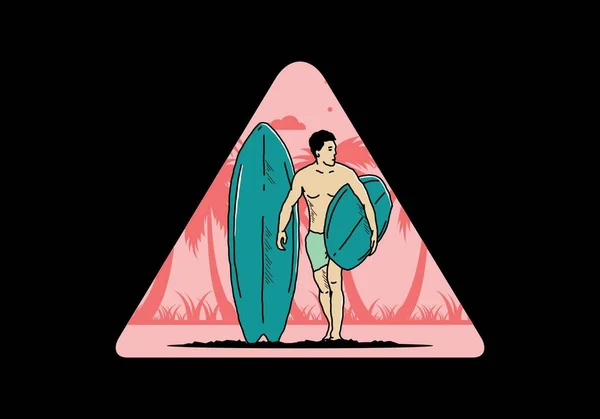 Człowiek Bez Koszulki Trzyma Deskę Surfingową Projekt Ilustracji — Wektor stockowy