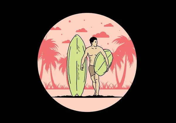 Hombre Sin Camisa Que Sostiene Diseño Ilustración Tabla Surf — Archivo Imágenes Vectoriales