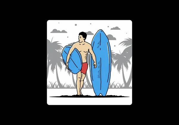Hombre Sin Camisa Que Sostiene Diseño Ilustración Tabla Surf — Archivo Imágenes Vectoriales