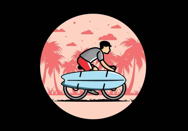 Guidare Una Bicicletta Con Disegno Illustrazione Surf Board — Vettoriale Stock