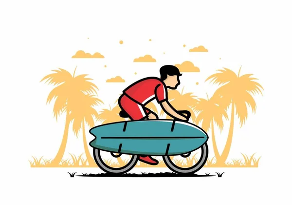 Sörf Tahtası Çizimi Olan Bir Bisiklete Binmek — Stok Vektör