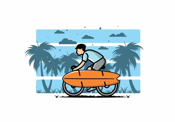 Guidare Una Bicicletta Con Disegno Illustrazione Surf Board — Vettoriale Stock