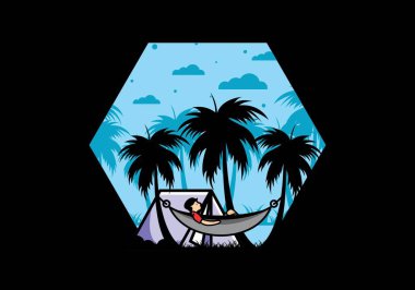 Çadır ve hamak Hindistan cevizi ağaçları çizim tasarımı