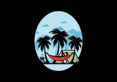 Çadır ve hamak Hindistan cevizi ağaçları çizim tasarımı