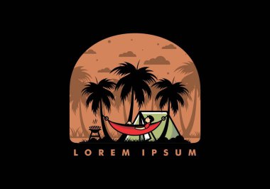 Çadır ve hamak Hindistan cevizi ağaçları çizim tasarımı