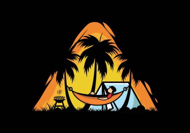 Çadır ve hamak Hindistan cevizi ağaçları çizim tasarımı