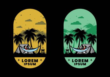 Çadır ve hamak Hindistan cevizi ağaçları çizim tasarımı