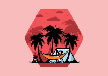 Çadır ve hamak Hindistan cevizi ağaçları çizim tasarımı