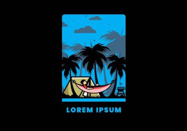 Çadır ve hamak Hindistan cevizi ağaçları çizim tasarımı