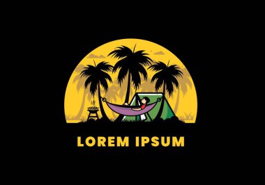 Çadır ve hamak Hindistan cevizi ağaçları çizim tasarımı