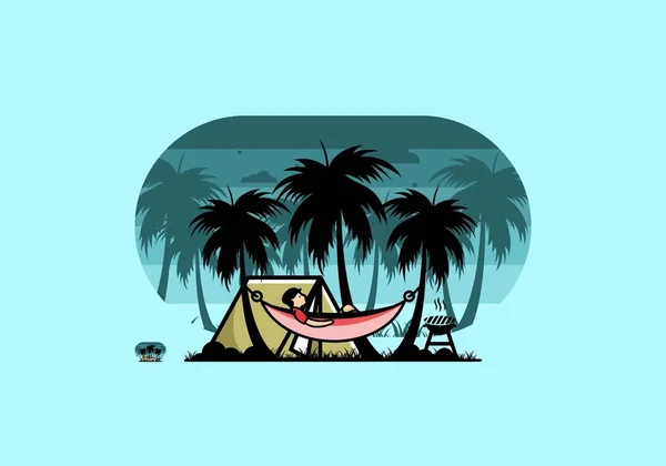 Tent Hammock Coconut Trees Illustration Design — 스톡 벡터