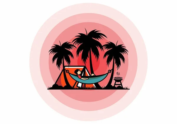 ココナッツの木のイラストデザインのテントやハンモック — ストックベクタ