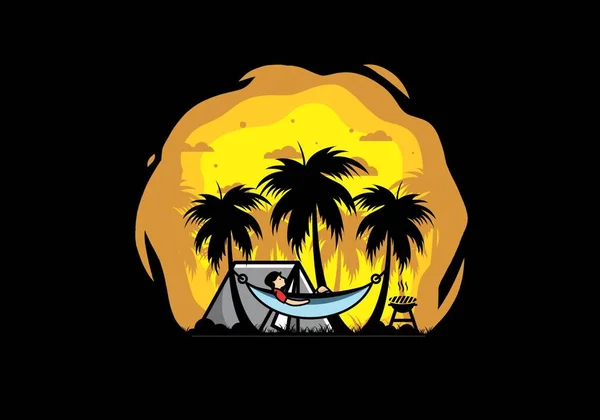 Tent Hammock Coconut Trees Illustration Design — 스톡 벡터