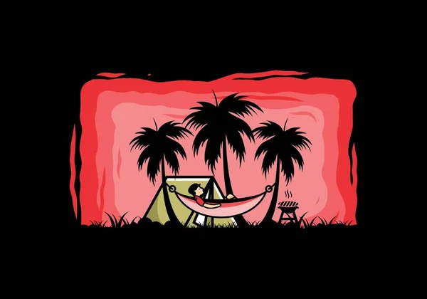 Tent Hammock Coconut Trees Illustration Design — 스톡 벡터