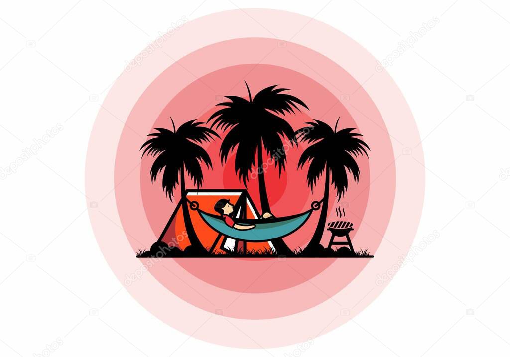 Tent and hammock with coconut trees illustration design