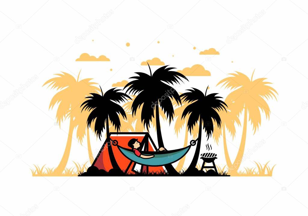 Tent and hammock with coconut trees illustration design