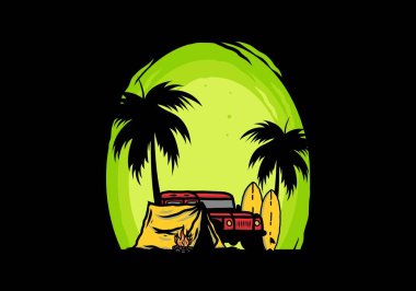 Sahilde kamp yapmak, off road araba çizimi tasarımı.