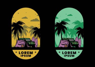 Sahilde kamp yapmak, off road araba çizimi tasarımı.