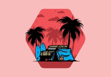 Sahilde kamp yapmak, off road araba çizimi tasarımı.