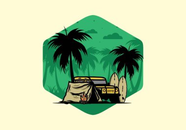 Sahilde kamp yapmak, off road araba çizimi tasarımı.