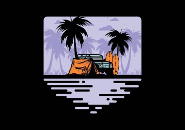 Sahilde kamp yapmak, off road araba çizimi tasarımı.