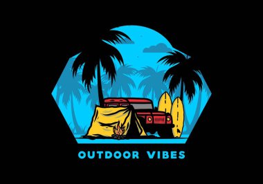 Sahilde kamp yapmak, off road araba çizimi tasarımı.