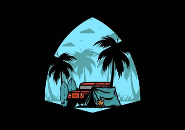 Sahilde kamp yapmak, off road araba çizimi tasarımı.