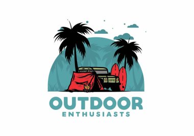 Sahilde kamp yapmak, off road araba çizimi tasarımı.