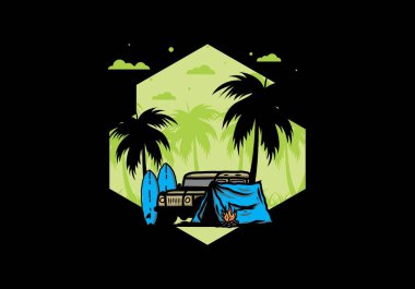 Sahilde kamp yapmak, off road araba çizimi tasarımı.