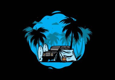 Sahilde kamp yapmak, off road araba çizimi tasarımı.