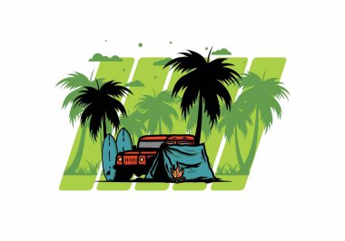 Sahilde kamp yapmak, off road araba çizimi tasarımı.