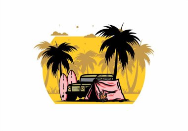 Sahilde kamp yapmak, off road araba çizimi tasarımı.