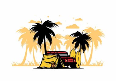 Sahilde kamp yapmak, off road araba çizimi tasarımı.