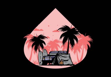 Sahilde kamp yapmak, off road araba çizimi tasarımı.