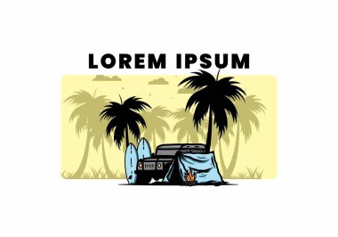 Sahilde kamp yapmak, off road araba çizimi tasarımı.