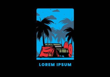 Sahilde kamp yapmak, off road araba çizimi tasarımı.