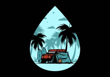 Sahilde kamp yapmak, off road araba çizimi tasarımı.