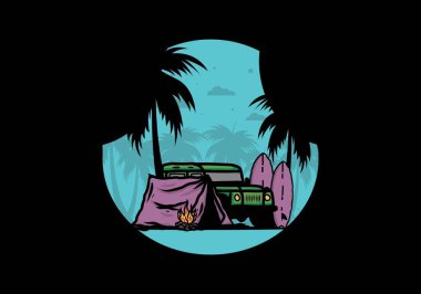 Sahilde kamp yapmak, off road araba çizimi tasarımı.