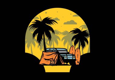 Sahilde kamp yapmak, off road araba çizimi tasarımı.