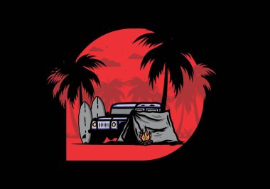 Sahilde kamp yapmak, off road araba çizimi tasarımı.