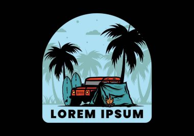 Sahilde kamp yapmak, off road araba çizimi tasarımı.