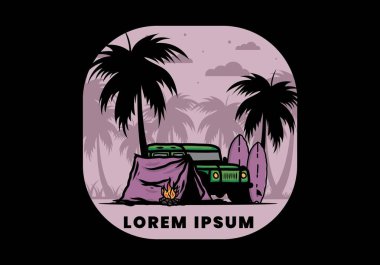 Sahilde kamp yapmak, off road araba çizimi tasarımı.