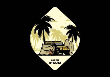 Sahilde kamp yapmak, off road araba çizimi tasarımı.