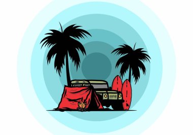 Sahilde kamp yapmak, off road araba çizimi tasarımı.