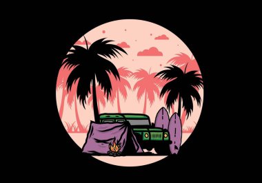 Sahilde kamp yapmak, off road araba çizimi tasarımı.