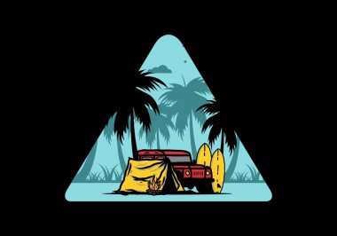 Sahilde kamp yapmak, off road araba çizimi tasarımı.