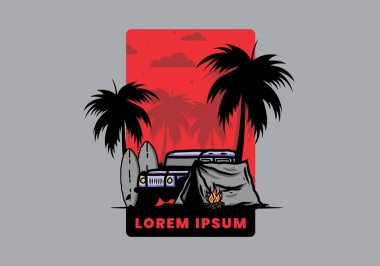 Sahilde kamp yapmak, off road araba çizimi tasarımı.