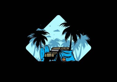 Sahilde kamp yapmak, off road araba çizimi tasarımı.