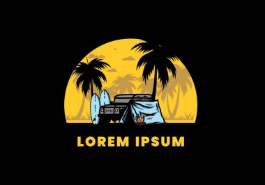 Sahilde kamp yapmak, off road araba çizimi tasarımı.